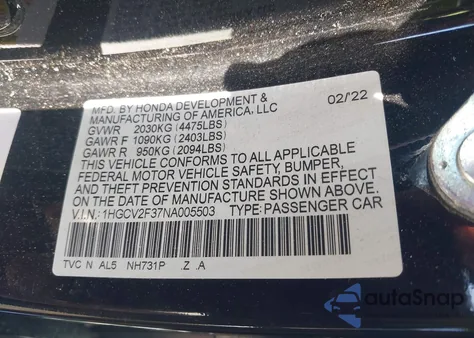 2022 Honda Accord Sport 2.0T z USA, uszkodzony, nr VIN 1HGCV2F37NA005503